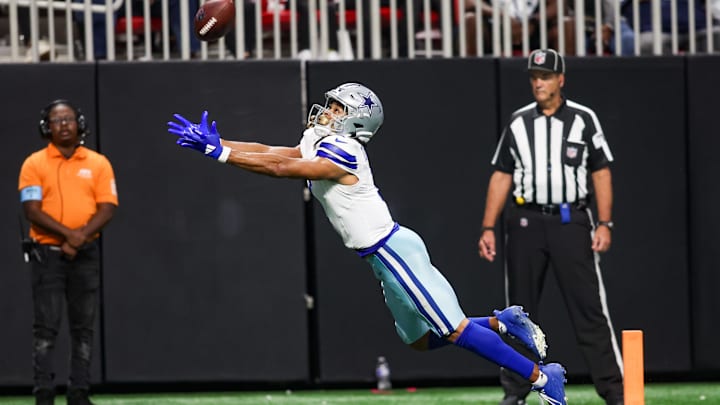 Dallas Cowboys wide receiver Jalen Tolbert reaches for a ball against the Atlanta Falcons in the fourth quarter at Mercedes-Benz Stadium. Mandatory Credit: Brett Davis-Imagn Images Dallas Cowboys wide receiver Jalen Tolbert reaches for a ball against the Atlanta Falcons in the fourth quarter at Mercedes-Benz Stadium. Mandatory Credit: Brett Davis-Imagn Images