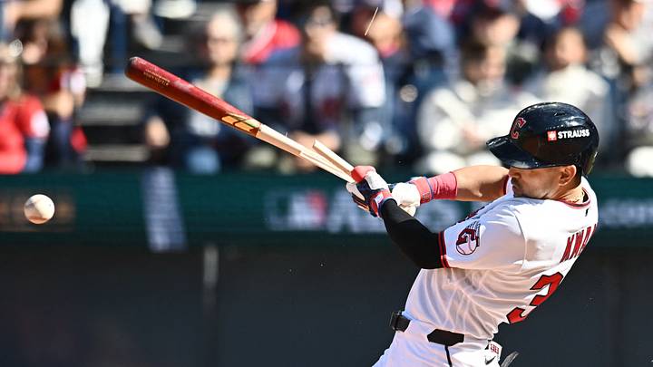 Oct 3, 2026: Cleveland Guardians left fielder Steven Kwan (38) breaks a bat during the fifth inning against the Chicago White Sox in Game 1 of the ALDS for the 2026 MLB Playoffs at Progressive Field. Credit: Ken Blaze-Imagn Images