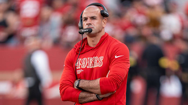 August 23, 2025; Santa Clara, California, USA; San Francisco 49ers defensive coordinator Robert Saleh before the game against the Los Angeles Chargers at Levi's Stadium. Mandatory Credit: Kyle Terada-Imagn Images August 23, 2025; Santa Clara, California, USA; San Francisco 49ers defensive coordinator Robert Saleh before the game against the Los Angeles Chargers at Levi's Stadium. Mandatory Credit: Kyle Terada-Imagn Images