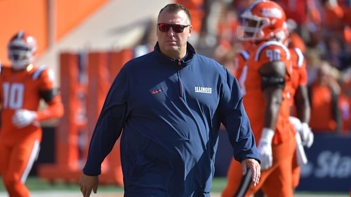 Oct 11, 2025; Champaign, Illinois, USA; Illinois Fighting Illini head coach Bret Bielema during warmups prior to a game against the Ohio State Buckeyes at Memorial Stadium. Mandatory Credit: Ron Johnson-Imagn Images