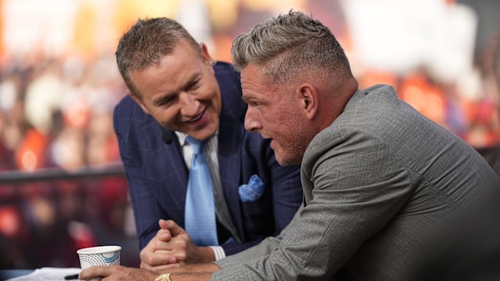 Pat McAfee, right, talks to Kirk Herbstreit on the set of ESPN College GameDay prior to the NCAA football game between the Ohio State Buckeyes and the Texas Longhorns at Ohio Stadium on Aug. 30, 2025.