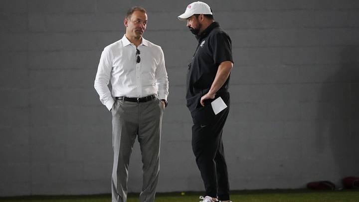 Mar 5, 2024; Columbus, OH, USA; Ohio State Buckeyes head coach Ryan Day talks to incoming athletic director Ross Bjork during the first spring practice at the Woody Hayes Athletic Center. Mar 5, 2024; Columbus, OH, USA; Ohio State Buckeyes head coach Ryan Day talks to incoming athletic director Ross Bjork during the first spring practice at the Woody Hayes Athletic Center.