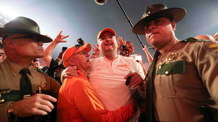 Josh Heupel exits the field after winning a game between Tennessee and Alabama at Neyland Stadium in Knoxville, Tenn., Saturday, Oct. 19, 2024. (Amidst the chaos of the field storming I realized I could get in the line of Heupel coming off the field. It's hard to get a coach shot during a field storming so I was glad to be in the right place at the right time.)
