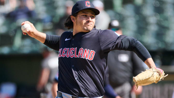 Mar 31, 2024; Oakland, California, USA; Cleveland Guardians pitcher Eli Morgan (49) throws a pitch against the Oakland Athletics during the ninth inning at Oakland-Alameda County Coliseum. Mandatory Credit: Robert Edwards-USA TODAY Sports