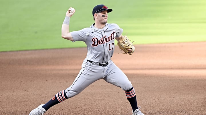 Sep 2, 2024; San Diego, California, USA; Detroit Tigers second baseman Jace Jung (17) throws out San Diego Padres third baseman Manny Machado (not pictured) at first base during the seventh inning at Petco Park.