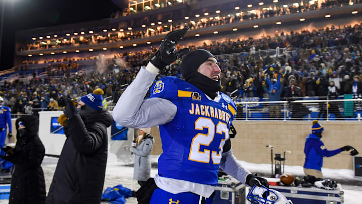 South Dakota State   s Matthew Durrance yells and jumps on the sidelines as it becomes clear the team will has won against Montana State in the FCS semifinals on Saturday, December 17, 2022, at Dana J. Dykhouse Stadium in Brookings, SD.

Fcs Semifinals 029