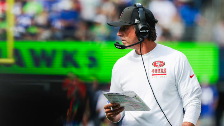 Sep 7, 2025; Seattle, Washington, USA; San Francisco 49ers head coach Kyle Shanahan walks along the sidelines during the fourth quarter against the Seattle Seahawks at Lumen Field. Mandatory Credit: Joe Nicholson-Imagn Images