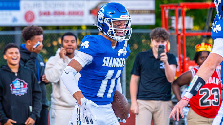 Detroit Catholic Central's Gideon Gash celebrates a touchdown during a football game on Friday, Aug. 29, 2025.