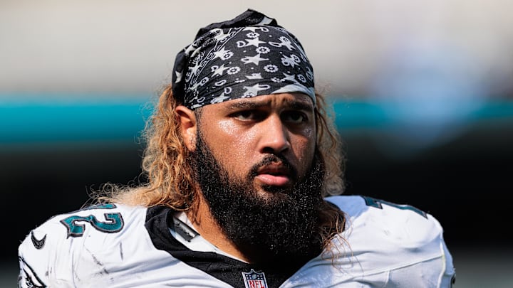 Aug 24, 2024; Philadelphia, Pennsylvania, USA; Philadelphia Eagles offensive tackle Darian Kinnard (72) walks off the field after the game against the Minnesota Vikings at Lincoln Financial Field. Mandatory Credit: Caean Couto-Imagn Images