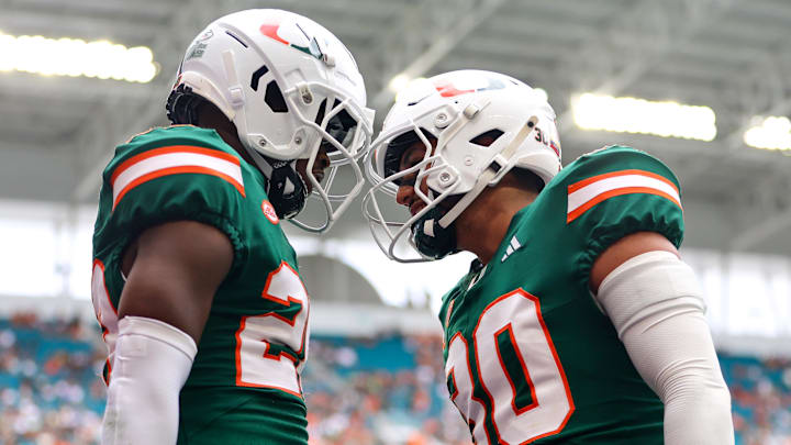 Nov 2, 2024; Miami Gardens, Florida, USA; Miami Hurricanes place kicker Andres Borregales (30) celebrates with wide receiver Robby Washington (28) against the Duke Blue Devils during the fourth quarter at Hard Rock Stadium. Mandatory Credit: Sam Navarro-Imagn Images Nov 2, 2024; Miami Gardens, Florida, USA; Miami Hurricanes place kicker Andres Borregales (30) celebrates with wide receiver Robby Washington (28) against the Duke Blue Devils during the fourth quarter at Hard Rock Stadium. Mandatory Credit: Sam Navarro-Imagn Images