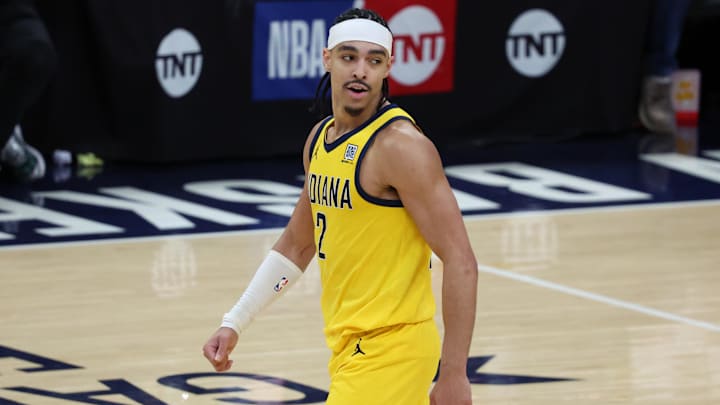May 31, 2025; Indianapolis, Indiana, USA; Indiana Pacers guard Andrew Nembhard (2) looks on in the fourth quarter during game six of the eastern conference finals against the New York Knicks for the 2025 NBA Playoffs at Gainbridge Fieldhouse. Mandatory Credit: Trevor Ruszkowski-Imagn Images