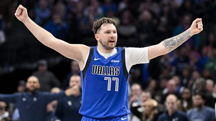 Jan 29, 2024; Dallas, Texas, USA; Dallas Mavericks guard Luka Doncic (77) reacts