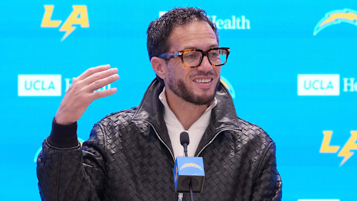 January 27, 2026; El Segundo, California, USA; Los Angeles Chargers offensive coordinator Mike McDaniel speaks at introductory press conference at The Bolt. Mandatory Credit: Kirby Lee-Imagn Images