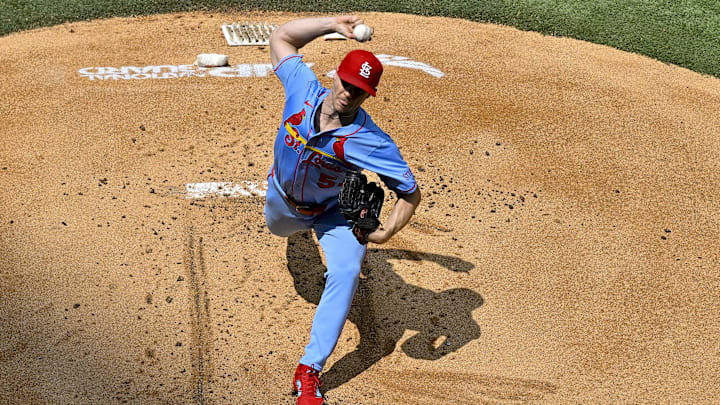 May 31, 2025; Arlington, Texas, USA; St. Louis Cardinals starting pitcher Sonny Gray (54) pitches against the Texas Rangers during the first inning at Globe Life Field. Mandatory Credit: Jerome Miron-Imagn Images
