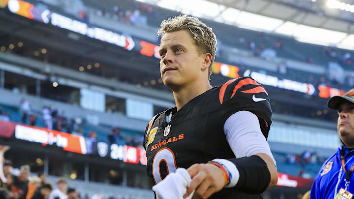 Nov 3, 2024; Cincinnati, Ohio, USA; Cincinnati Bengals quarterback Joe Burrow (9) walks off the field after the victory over the Las Vegas Raiders at Paycor Stadium. Mandatory Credit: Katie Stratman-Imagn Images