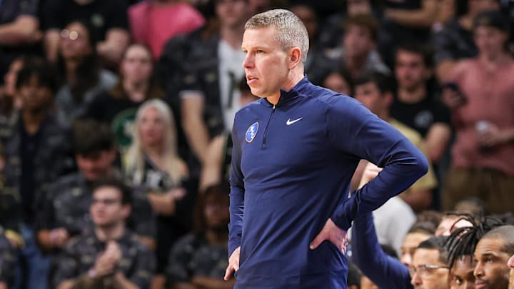 Feb 14, 2026; Orlando, Florida, USA; West Virginia Mountaineers head coach Ross Hodge during the first half against the UCF Knights at Addition Financial Arena. Mandatory Credit: Mike Watters-Imagn Images