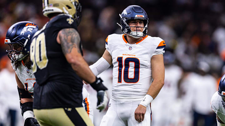 Aug 23, 2025; New Orleans, Louisiana, USA; Denver Broncos quarterback Bo Nix (10) looks on against the New Orleans Saints during the first half at Caesars Superdome. 