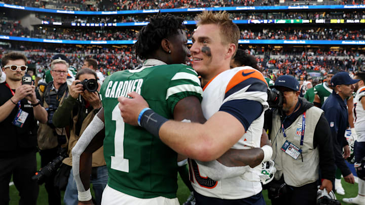 [US, Mexico & Canada customers only] Oct 12, 2025; Tottenham, UNITED KINGDOM;  Denver Broncos quarterback Bo Nix (10) greets New York Jets cornerback Sauce Gardner (1) after an NFL International Series game at Tottenham Hotspur Stadium. Mandatory Credit: Paul Childs/Reuters via Imagn Images