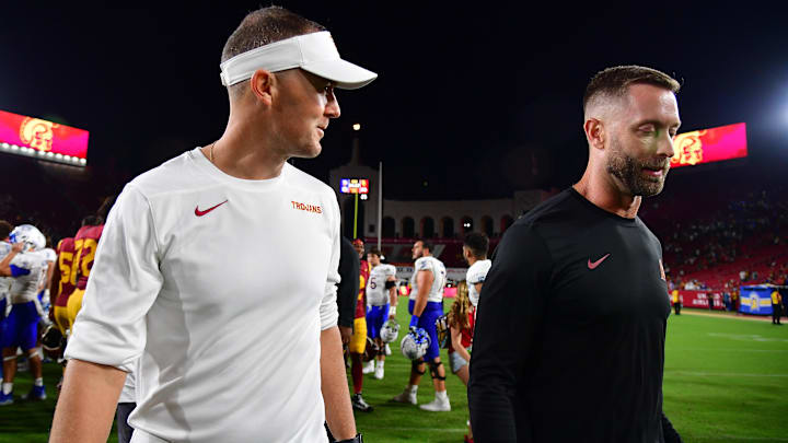 Aug 26, 2023; Los Angeles, California, USA; Southern California Trojans head coach Lincoln Riley