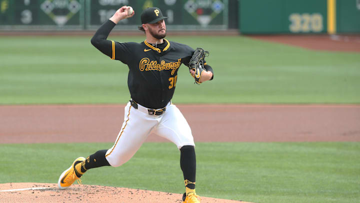 Apr 19, 2025; Pittsburgh, Pennsylvania, USA;  Pittsburgh Pirates starting pitcher Paul Skenes (30) delivers a pitch against the Cleveland Guardians during the first inning at PNC Park. Mandatory Credit: Charles LeClaire-Imagn Images