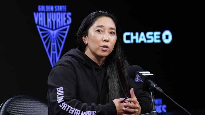 June 27, 2025; San Francisco, California, USA;  Golden State Valkyries head coach Natalie Nakase addresses the media before the game against the Chicago Sky at Chase Center. Mandatory Credit: David Gonzales-Imagn Images