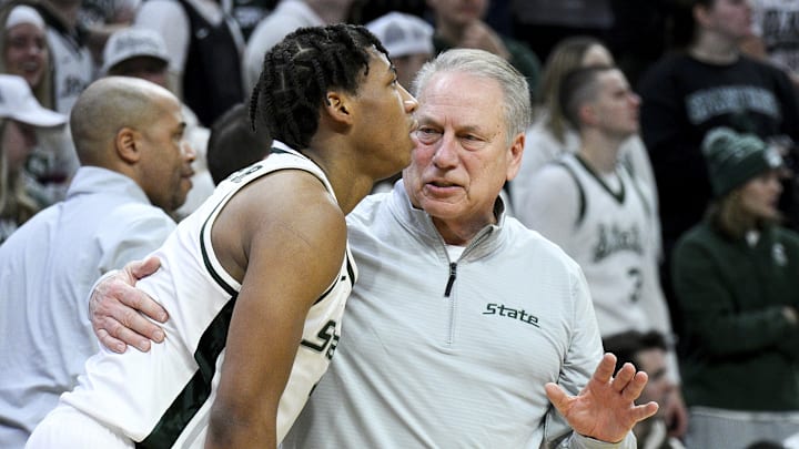 Jan 24, 2026; East Lansing, Michigan, USA;  Michigan State Spartans head coach Tom Izzo talks with guard Jeremy Fears Jr. (1) during the first half against the Maryland Terrapins at Jack Breslin Student Events Center. Mandatory Credit: Dale Young-Imagn Images