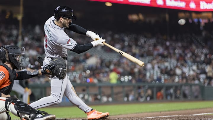 Apr 19, 2024; San Francisco, California, USA;  Arizona Diamondbacks designated hitter Blaze Alexander (9) hits a grand slam against the San Francisco Giants during the eighth inning at Oracle Park. Mandatory Credit: John Hefti-Imagn Images