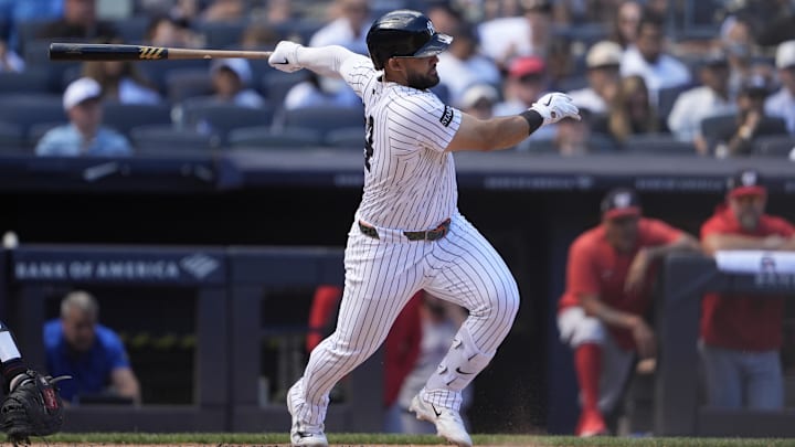 Aug 27, 2025; Bronx, New York, USA; New York Yankees left fielder Jasson Dominguez (24) hits an infield single against the Washington Nationals during the third inning at Yankee Stadium. Mandatory Credit: Gregory Fisher-Imagn Images Aug 27, 2025; Bronx, New York, USA; New York Yankees left fielder Jasson Dominguez (24) hits an infield single against the Washington Nationals during the third inning at Yankee Stadium. Mandatory Credit: Gregory Fisher-Imagn Images
