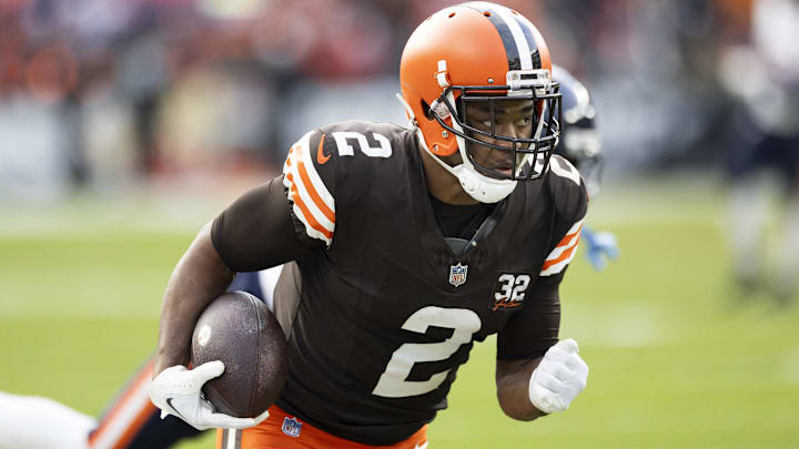 Dec 17, 2023; Cleveland, Ohio, USA; Cleveland Browns wide receiver Amari Cooper (2) runs the ball along the sideline for a touchdown against the Chicago Bears during the fourth quarter at Cleveland Browns Stadium.