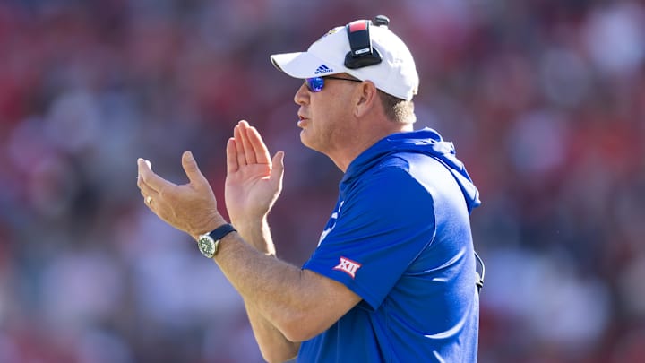 Nov 8, 2025; Tucson, Arizona, USA; Kansas Jayhawks head coach Lance Leipold against the Arizona Wildcats at Arizona Stadium. Mandatory Credit: Mark J. Rebilas-Imagn Images