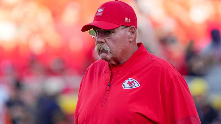 Kansas City Chiefs head coach Andy Reid on the field against the Chicago Bears during the first half of the game at GEHA Field at Arrowhead Stadium.