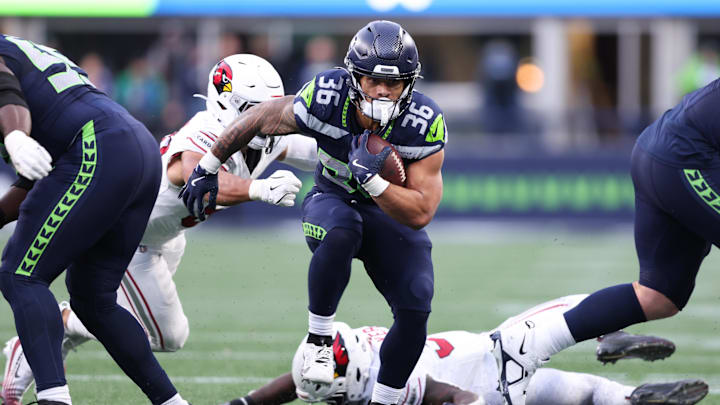 Nov 9, 2025; Seattle, Washington, USA; Seattle Seahawks running back George Holani (36) rushes during the fourth quarter against the Arizona Cardinals at Lumen Field.