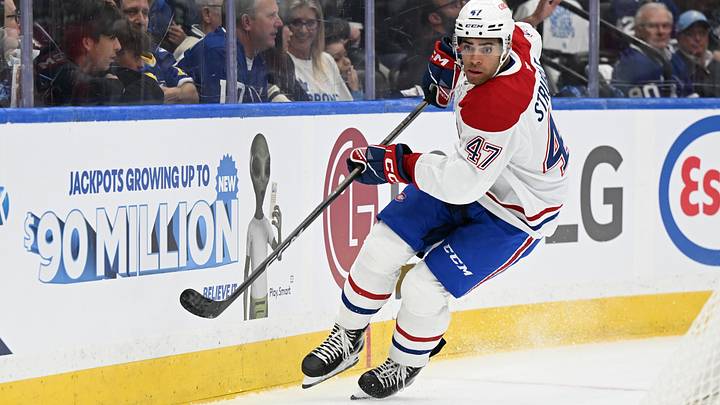 Montreal Canadiens defenseman Jayden Struble (47) pursues the puck against the Toronto Maple Leafs in the second period at Scotiabank Arena.  Mandatory Credit: Dan Hamilton-Imagn Images