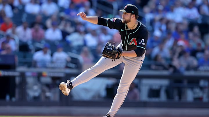 Jun 1, 2024; New York City, New York, USA; Arizona Diamondbacks starting pitcher Slade Cecconi (43) follows through on a pitch against the New York Mets during the first inning at Citi Field. Mandatory Credit: Brad Penner-USA TODAY Sports