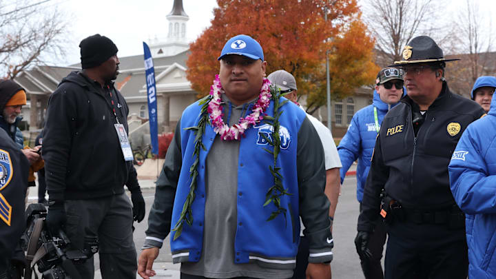 Nov 18, 2023; Provo, Utah, USA; Brigham Young Cougars head coach Kalani Sitake arrives at LaVell