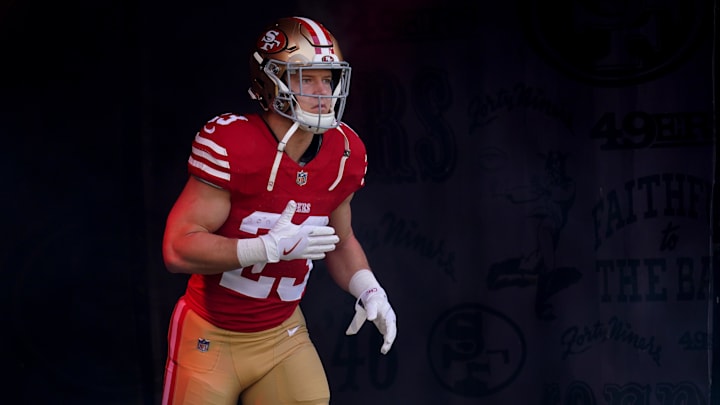 Dec 10, 2023; Santa Clara, California, USA; San Francisco 49ers running back Christian McCaffrey (23) is introduced before the start of the game against the Seattle Seahawks at Levi's Stadium. Mandatory Credit: Cary Edmondson-Imagn Images