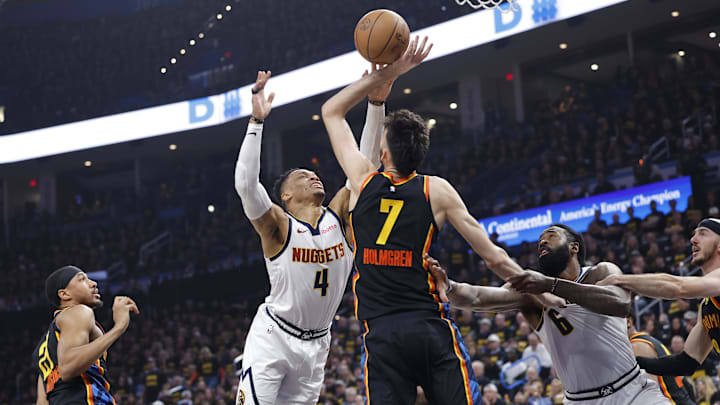 May 7, 2025; Oklahoma City, Oklahoma, USA; Oklahoma City Thunder forward Chet Holmgren (7) defends a shot by Denver Nuggets guard Russell Westbrook (4) in the second quarter during game two of the second round for the 2025 NBA Playoffs at Paycom Center. Mandatory Credit: Alonzo Adams-Imagn Images May 7, 2025; Oklahoma City, Oklahoma, USA; Oklahoma City Thunder forward Chet Holmgren (7) defends a shot by Denver Nuggets guard Russell Westbrook (4) in the second quarter during game two of the second round for the 2025 NBA Playoffs at Paycom Center. Mandatory Credit: Alonzo Adams-Imagn Images