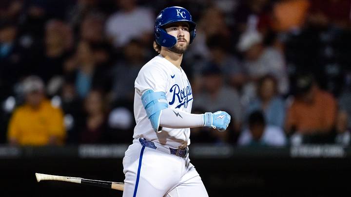 Nov 9, 2025; Mesa, AZ, USA; Kansas City Royals catcher Blake Mitchell (8) during the Arizona Fall League Fall Stars Game at Sloan Park. Mandatory Credit: Mark J. Rebilas-Imagn Images