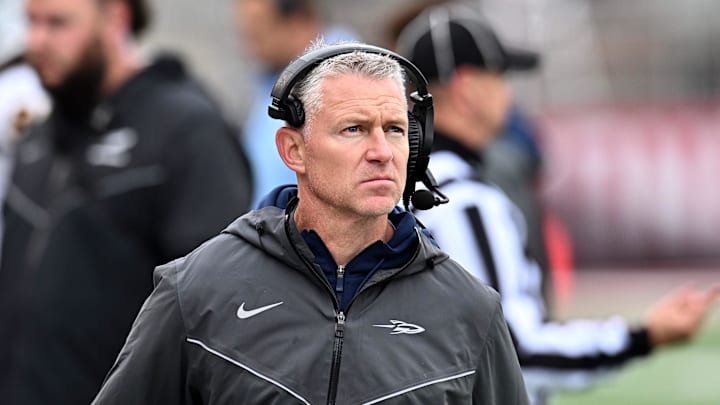 Oct 25, 2025; Pullman, Washington, USA; Toledo Rockets head coach Jason Candle looks on against the Washington State Cougars in the second half at Gesa Field at Martin Stadium. Mandatory Credit: James Snook-Imagn Images