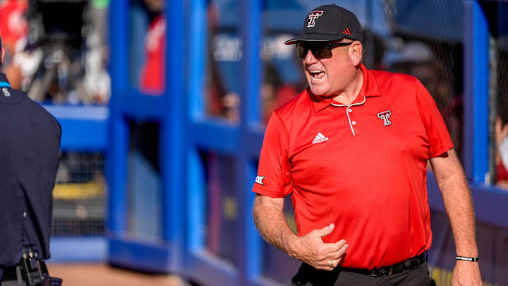 Texas Tech head coach Gerry Glasco yells at the officials in the second inning during a softball game between Texas Tech and UCLA at the Women’s College World Series at Devon Park in Oklahoma City, on Saturday, May 31, 2025. Texas Tech head coach Gerry Glasco yells at the officials in the second inning during a softball game between Texas Tech and UCLA at the Women’s College World Series at Devon Park in Oklahoma City, on Saturday, May 31, 2025.