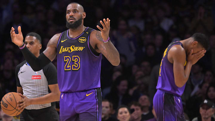 Jan 2, 2025; Los Angeles, California, USA; Los Angeles Lakers forward LeBron James (23) reacts after forward Rui Hachimura (28) was called for goaltending in the second half against the Portland Trail Blazers at Crypto.com Arena. Mandatory Credit: Jayne Kamin-Oncea-Imagn Images Jan 2, 2025; Los Angeles, California, USA; Los Angeles Lakers forward LeBron James (23) reacts after forward Rui Hachimura (28) was called for goaltending in the second half against the Portland Trail Blazers at Crypto.com Arena. Mandatory Credit: Jayne Kamin-Oncea-Imagn Images