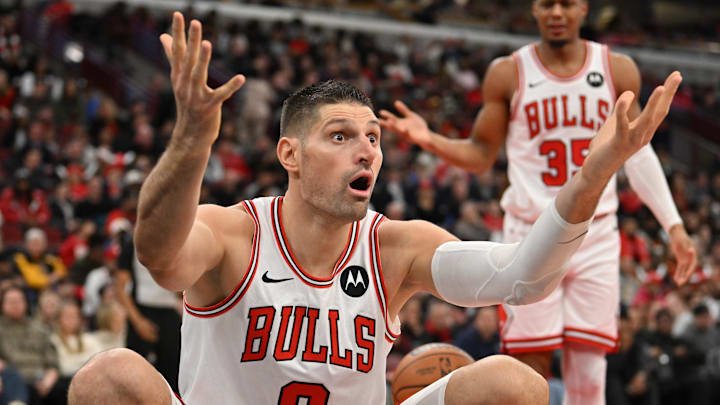 Dec 31, 2025; Chicago, Illinois, USA; Chicago Bulls center Nikola Vucevic (9) reacts against the New Orleans Pelicans during the second half at United Center. Mandatory Credit: Patrick Gorski-Imagn Images