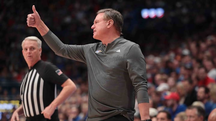 Kansas Jayhawks head coach Bill Self motions a play during the second half of the game against North Carolina-Wilmington Seahawks inside Allen Fieldhouse Tuesday, Nov. 19, 2024. Kansas Jayhawks head coach Bill Self motions a play during the second half of the game against North Carolina-Wilmington Seahawks inside Allen Fieldhouse Tuesday, Nov. 19, 2024.