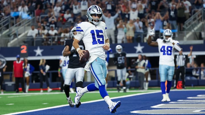 Dallas Cowboys quarterback Will Grier runs for a touchdown  during the second half against the Las Vegas Raiders.