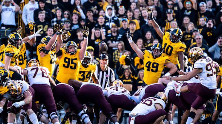 Minnesota place kicker Dragan Kesich (99) kicks a field goal at Kinnick Stadium on Saturday, October 21, 2023 in Iowa City.