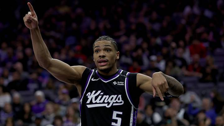 Sacramento Kings guard Darius Acuff Jr. (5) reacts after getting fouled against the Portland Trail Blazers during the third quarter at Golden 1 Center. Sacramento Kings guard Darius Acuff Jr. (5) reacts after getting fouled against the Portland Trail Blazers during the third quarter at Golden 1 Center.