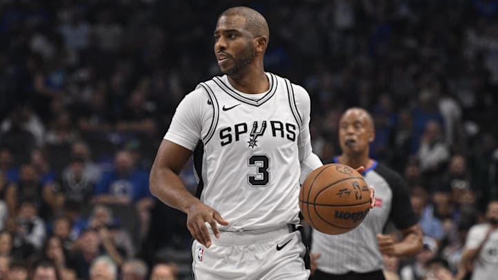 Oct 24, 2024; Dallas, Texas, USA; San Antonio Spurs guard Chris Paul (3) in action during the game between the Dallas Mavericks and the San Antonio Spurs at the American Airlines Center. Mandatory Credit: Jerome Miron-Imagn Images