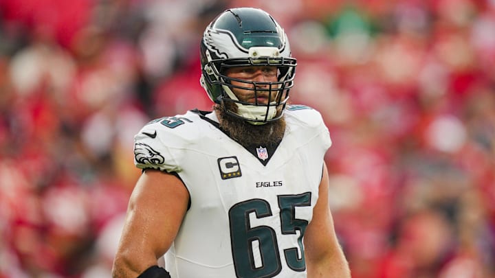 Sep 14, 2025; Kansas City, Missouri, USA; Philadelphia Eagles offensive tackle Lane Johnson (65) reacts during the second half against the Kansas City Chiefs at GEHA Field at Arrowhead Stadium. Mandatory Credit: Jay Biggerstaff-Imagn Images