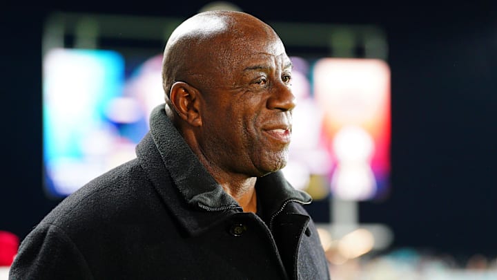 Nov 23, 2024; Kansas City, Missouri, USA; Magic Johnson attends the 2024 NWSL Championship match at CPKC Stadium. Mandatory Credit: Denny Medley-Imagn Images Nov 23, 2024; Kansas City, Missouri, USA; Magic Johnson attends the 2024 NWSL Championship match at CPKC Stadium. Mandatory Credit: Denny Medley-Imagn Images