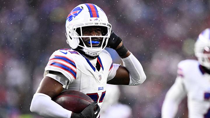 Dec 14, 2025; Foxborough, Massachusetts, USA; Buffalo Bills cornerback Tre'Davious White (27) reacts after intercepting a pass against the New England Patriots